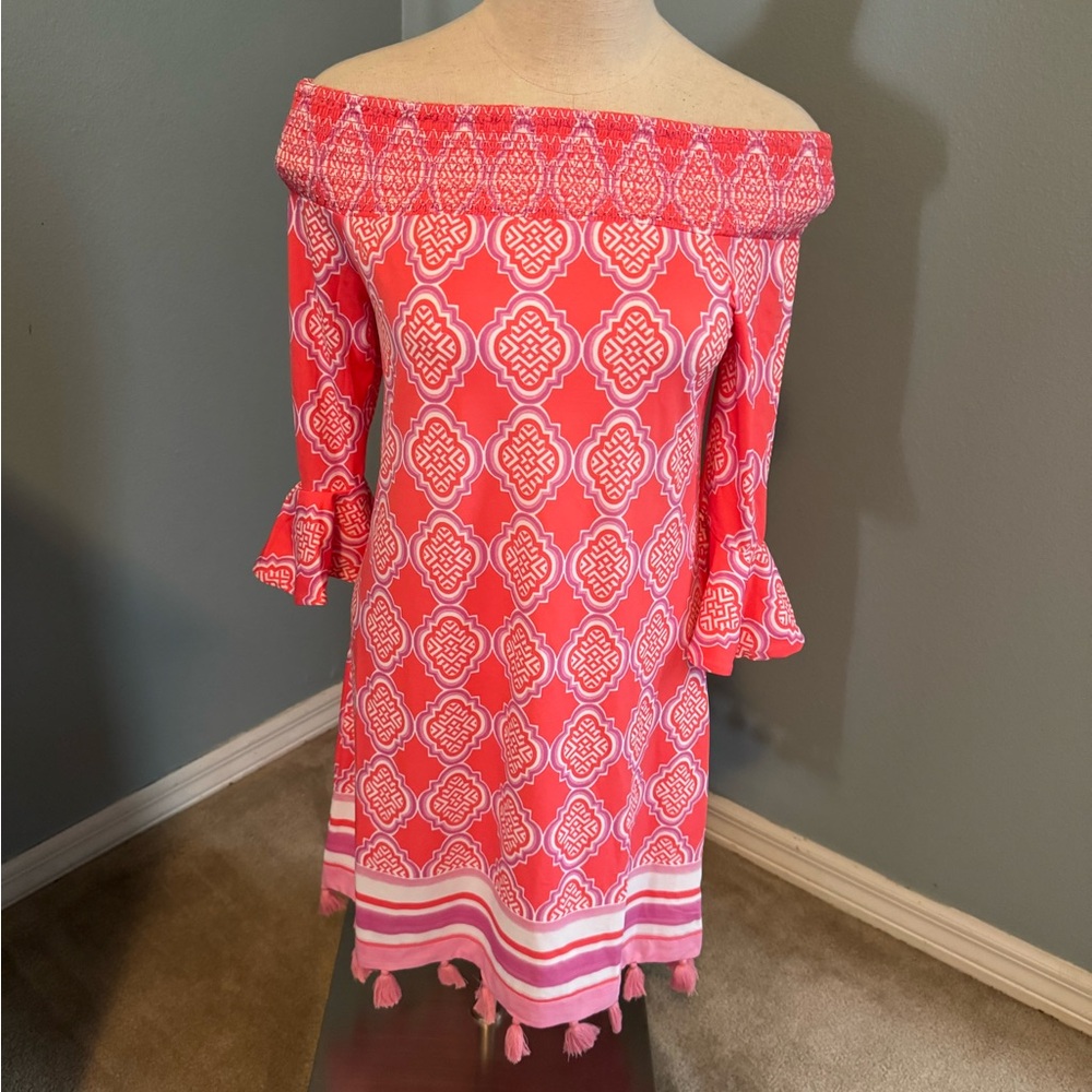 Cabana Life Coral Geo Off-Shoulder Tassel Hem Dress